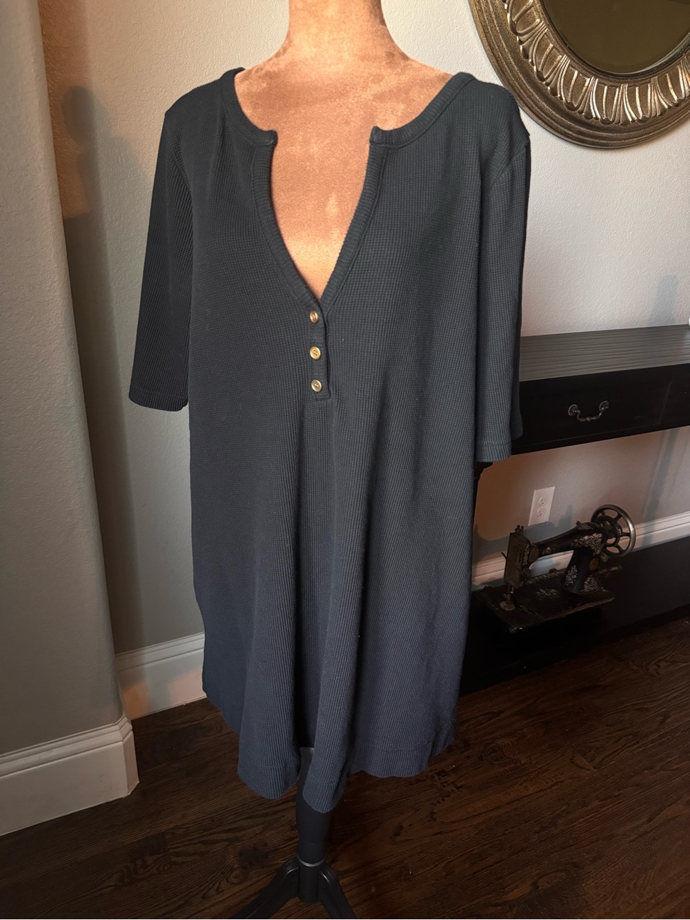 Natural Life Black Waffle Knit Henley Tunic Dress Cotton Oversized XL Boho